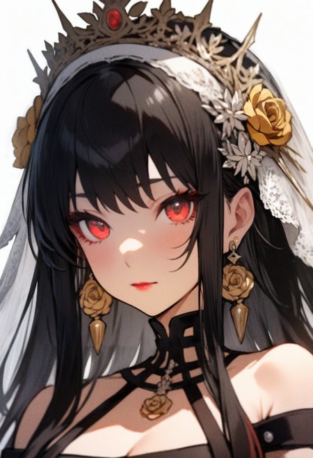 masterpiece, best quality, <lora:RECXL_ANI31_lokr_V43P1NF:0.95>  1girl, solo, earrings, jewelry, black hair, white background, veil, red eyes, portrait, looking at viewer, simple background, sidelocks, tiara, yor briar, bare shoulders, closed mouth, hair ornament, crown, cropped shoulders, bridal veil, red lips, flower, hair flower, long hair, detached collar