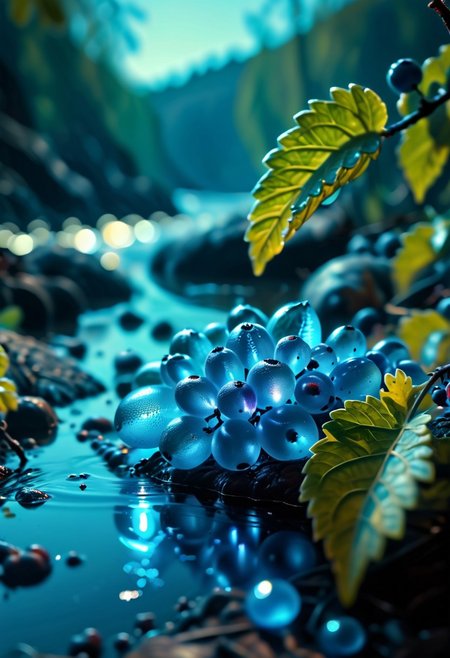 (8k analog nature photography:1.2), (a beautiful landscape:1.1) Extreme realism,  Insanely realistic, with a river in the distance, shiny sapphire (crystal:1.2) berries ,<lora:Bio-Luminescence:1> bioluminescent, glowing, focus on the fruit.