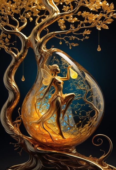 photograph, photorealistic, ultra-realistic, intricately detailed, wide angle, fine fractal glossy vivid colored shiny contours outlines of a glass pear with a ("a glowing golden flying female fairy uses her wand to transform a tree to solid gold.") inside, surreal, gradient, windy, petals floating on the wind, swirling ribbons of ink and light. linquivera, liiv1, ral-czmcrnbw