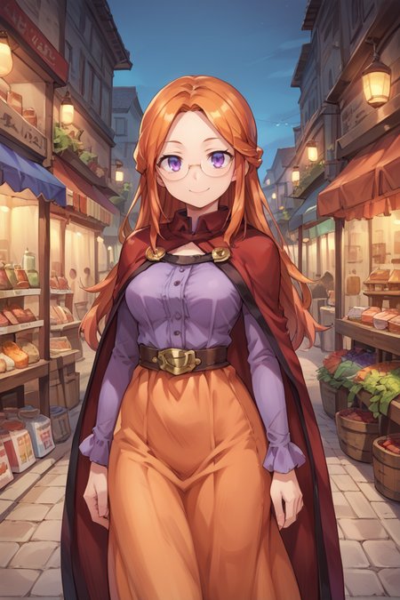 score_9, score_8_up, score_7_up, score_6_up, source_anime, BREAK,<lora:Eudy:0.9> , eudef, 1girl, purple eyes, orange hair, long hair, (glasses), orange dress, shirt under dress, purple shirt, red cape, cowboy shot, (looking at viewer), smile, closed mouth, scenery, exterior, outdoors, market, marketplace.<lora:backgroundsetXL:0.4> , background, <lora:MeyekePonyXL:0.7>