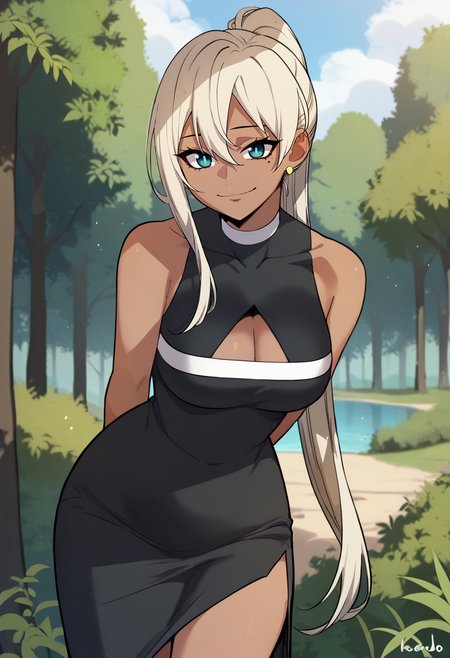 score_9, score_8_up, score_7_up,
<lora:OverpoweredSword_KarenXL:0.8>, KarenOS,
1girl, solo, closed mouth, smile,
blonde hair, long hair, ponytail, aqua eyes, earrings, dark skin, mole under eye,
KarenOutfit1, black dress, sleeveless, cleavage cutout,
standing, looking at the viewer, arms behind back, thigh gap,
outdoors, forest, nature, scenery