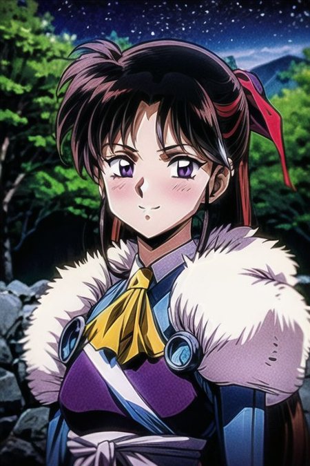 best quality 1girl Setsun4 solo long hair,  (night time) forest background black hair very long hair purple eyes multicolored hair armor, small, (fur trim) (medium body),<lora:EMS-179-EMS:0.800000>,<lora:EMS-293862-EMS:0.800000> bow, hair_bow, hair_tubes, red_bow, brown_hair, long_hair, bangs, ascot, frilled_bow, yellow_ascot, blush, smile, hair_between_eyes, athletic, armor, miko,  Smiling, happy,