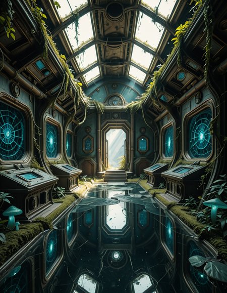 The interior of an ancient abandoned spaceship, overtaken by lush vegetation. The walls and ceiling are covered in thick, twisting vines and moss. Strange alien plants glow faintly in shades of blue and green, casting an eerie, mystical light across the metallic surfaces. Rusted control panels and shattered glass windows hint at a long-forgotten past. The floor is cracked and partially flooded with still, reflective water. Patches of bioluminescent fungi cling to the corners, adding a surreal atmosphere. The air feels heavy with moisture, and beams of soft, diffused light filter through holes in the hull, creating dramatic shafts of light and shadow. The overall style is hyper-realistic, rich in textures, with a cinematic and slightly melancholic mood.<lora:SDXLFaeTastic2400:0.4> <lora:extremely_detailed:0.4> extremely detailed,ancient abandoned sp4c3sh1p, <lora:ancient_abandoned_sp4c3sh1p-i:1>, Masterpiece,best quality,hi res,8k,hi res,8k,award winning,(sharp focus, intricate, highly detailed),