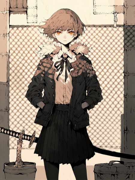 score_9, score_8_up, score_7_up, score_6_up, score_5_up,    <lora:MONXLP:1> mon, 1girl, solo, sword, weapon, skirt, pantyhose, orange eyes, katana, short hair, shirt, sheath, looking at viewer, jacket, fence, sheathed, fur trim, pleated skirt, collared shirt, ribbon, standing