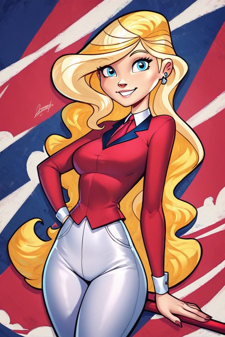 score_9, score_8_up, score_8, medium breasts, (curvy), cute, eyelashes,      ,,,  zzSarahWhitney, blue eyes, blonde hair, long hair, red shirt, necktie, white pants,  <lora:SarahWhitneyHorseland_PDXL:1.0>,   ,,, smile, looking at viewer,  ,,, embedding:zPDXL, Expressiveh, <lora:SDXLFaeTastic2400:0.5>,  <lora:Expressive_H-000001:0.4>,