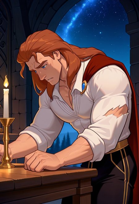 masterpiece,best quality,amazing quality,very aesthetic,absurdres,newest, huge filesize, Prince_Adam_BTB, 1man male focus, solo, auburn hair, blue eyes, lean and muscular, mature, long hair, strong, tall, manly, masculine, classy, soulful eyes,  artistic,  in a very dark dungeon,  torn dark red cape fastened at the neck with a brooch or golden clasp, that covered his  body, chest up picture, sad and lonely look, torn black trousers, brooding, torn white shirt like a disney prince wear, sideview,  grasping at the edge of a table. bending down a bit, facing right, mouth slightly opened, starry night