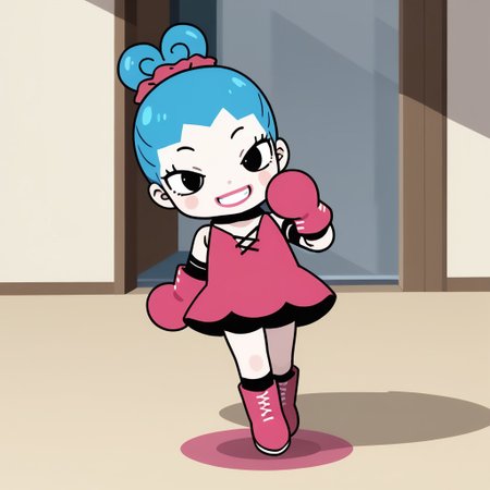 score_9, score_8_up, score_7_up BREAK RingRingP, 1girl, light blue hair, pink scrunchie, pale skin, black eyes, pink circle blush, pink lipstick, sleeveless v-neck pink dress, pink gloves, white-laced pink boots, evil smile, full body, cute pose, evil grin, anime, source_anime,