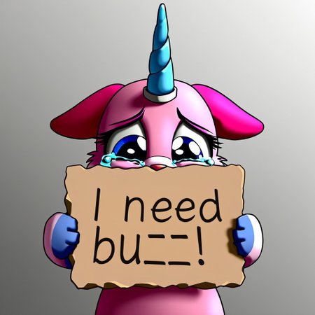 1girl, solo, Unikitty, pink fur, blue eyes, ears down, floppy ears, blue horn, single horn, two-tone fur, upper body, sad, crying, cute, frown, sad, need_buzz, holding sign, masterpiece, best quality
