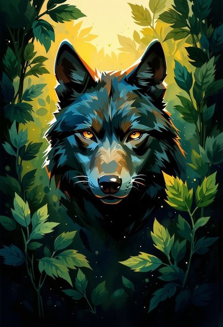 Vector art, alone wolf peering through a dense, verdant foliage. The wolf's gaze should exude an aura of sapient intensity, capturing the very quintessence of a predator's unwavering focus. Employ chiaroscuro lighting to heighten the dramatic tension, casting deep shadows amidst the leaves and accentuating the lupine features - the piercing amber eyes, the subtle snarl of its maw, the delicate texture of its fur. a testament to the untamed spirit of the wild. 
Glowing, masterpiece, best quality, double exposure, realistic, whimsical, fantastic, splash art, intricate detailed, hyperdetailed, maximalist style, photorealistic, concept art, sharp focus, harmony, serenity, tranquility, mysterious glow, soft pastel colors, ambient occlusion, halation, cozy ambient lighting, dynamic lighting, masterpiece, liiv1, linquivera, metix, mentixis, masterpiece, award winning,, best quality, masterpiece