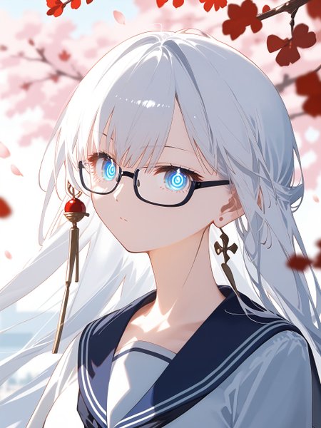 score_9,score_8_up,score_7_up,score_6_up,source_anime, shiny, shiny skin, <lora:naipony2:0.8>, <lora:240_mado(style)_PONY_SDXL:0.8>, style 240_mado, by toosakaasagi, ringed eyes, <lora:Toosaka-Asagi-Style-PonyXL-000036:1>,
(By mochizukikei),By dino,((white theme)), best quality, masterpiece, ultra-detailed, illustration, detailed light, an extremely delicate and beautiful, incredibly_absurdres, (glowing),
masterpiece,best quality, solo, 1girl, white sailor collar, long hair, glasses, blue neckerchief, blurry, cherry blossoms, looking at viewer, upper body, sailor collar, school uniform, serafuku, neckerchief, closed mouth, blurry foreground, shirt, depth of field, flower, white shirt, branch, collarbone,
cinematic composition, epic composition, cinematic lighting, great lighting, detailed shadows, detailed body, anime artwork, anime style, key visual, vibrant, studio anime, highly detailed, newest, anime coloring, masterpiece, best quality, best aestethic,