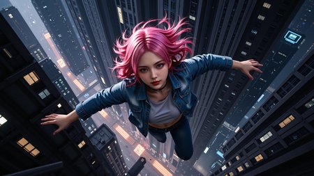 Top-down view of a pink-haired girl in free fall,her arms outstretched. She wears a worn denim jacket and tight-fitting jeans,with the wind whipping through her long hair. Below,a bottomless cyberpunk cityscape glows with neon lights piercing through towering skyscrapers. Streets form a complex grid,and hovering vehicles streak across the night sky. Cyberpunk aesthetic,strong light and shadow contrast,futuristic atmosphere.,<lora:kcyberpunk-01:0.5>,kcyberpunk,<lora:yuukananri-base-02-flux:0.8>,yuukananri,she has a slender physique and a petite build,