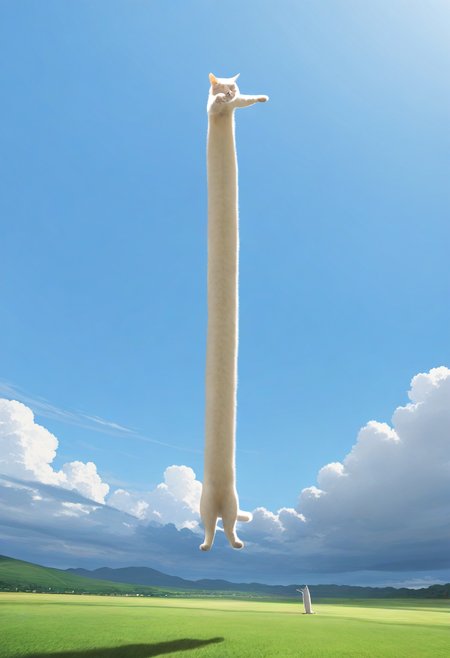 longcat (meme), no humans, cat, sky, cloud, day, grass, outdoors, animal focus, meme, animal, field, standing, shadow, blue sky, scenery, dancing, parody, stretching, cloudy sky
masterpiece, best quality, amazing quality, very aesthetic, absurdres,
<lora:concept_longcat_Illustrious_V2L:1>