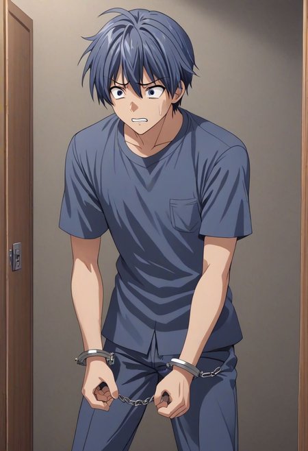 high resolution, solo, best quality, 1Boy, Tomoya Okazaki, Grey Blue Hair, arrested, restrained, struggling, handcuffs, interrogated, interrogation room, OverallDetail