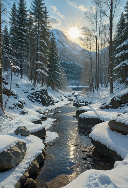 film photography, Exaggerated realistic, ultra detailed, score_9, score_8_up, score_7_up, Forest, scenery, outdoors, tree,sky, (clouds:0.3), nature, forest, creek, moss-covered rocks, sunlight streaming through leaves, winter, snow, snowy.matrix, matrix codes,codeandigital,digital world, digital, science fiction,