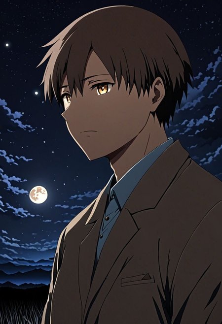 high resolution, solo, best quality, 1Boy, Takaki Toono, Brownish Hair, Brown Eyes, open space, night sky, moon, OverallDetail