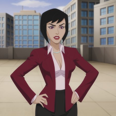 <lora:loislaneunchained_pony_v1:.8> loislanered, 1girl, black hair, pencil skirt, short hair, medium breasts, cleavage, jewelry, red jacket, necklace, lipstick, purple eyes, makeup, shirt, black skirt, formal