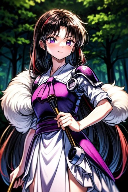 masterpiece,  best quality 1girl Setsun4 solo long hair,  (night time) forest background black hair very long hair purple eyes multicolored hair armor (fur trim) (medium body),<lora:EMS-179-EMS:0.800000>,<lora:EMS-293862-EMS:0.800000> bow, hair_bow, hair_tubes, red_bow, brown_hair, long_hair, bangs, ascot, frilled_bow, yellow_ascot, blush, smile, hair_between_eyes, athletic, armor, miko
