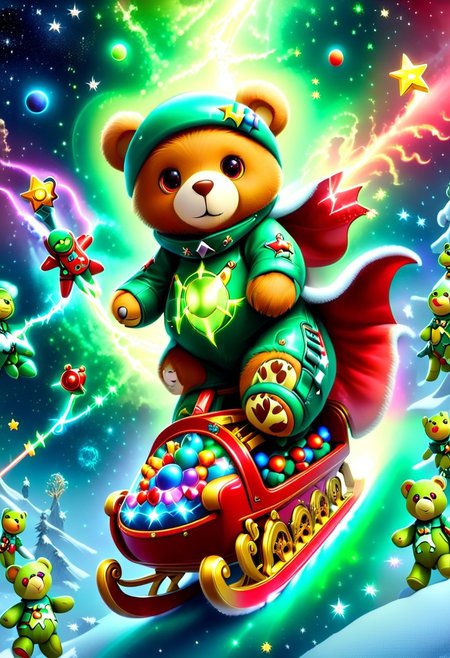 xmastedx,Festive,
(masterpiece, best quality:1.2), teddy bears' intergalactic holiday, spaceship sleigh, electric guitars with neon lights, parade of teddy bears in space suits, planets and stars as the backdrop, teddy bears playing guitars that produce laser - like sound waves, the sleigh flying through a nebula, alien creatures joining the celebration, teddy bears dancing with little green men, a sense of adventure and holiday joy in the vast universe.