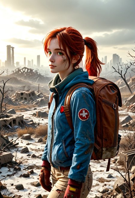 1girl, Masterpiece, 8k, ultra high detail, score_7 up, 
volumetric lighting, vivid colors, vibrant colors,  score_8_up, score_9,  small breast size, sporty red ponytail hair,  fcNeg, stunning green eyes, freckles, white skin, small nose, innocent beauty, slim face,  cute face, skinny body, perfect body, extreme detailed body, intence green eyes,  perfect face, ultra high detailed face, perfect eyes, petite, 
Cold, red dust everywhere, Wandering through ruins, searching for food and goods,  
Wasteland Tribal_Leather_Parka, fur lined, mittens, hood over head,  wasteland clothes, torn and used clothe, 
Dirty, dirty face, dirty skin, backpack filled with stuff,
  simple_big_brown_leather_backpack_full_with_stuff, 
Post Apocalyptic, big city Wasteland, skyscraper ruins,