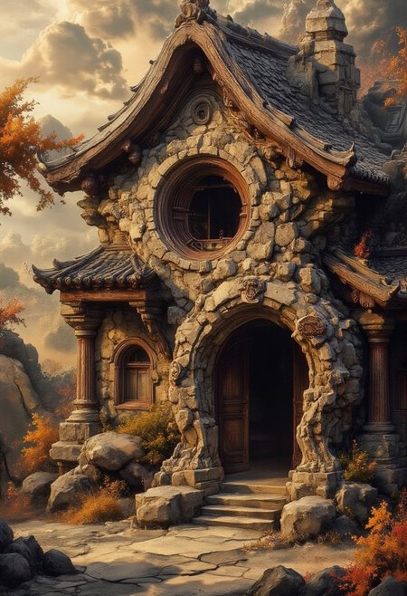 Dragon over
Futuristic and Vintage stylized 
desert �﷿ pebleo adobe 
Fallen petrified tree turned into house
Stone art
Dramatic lighting
Cinematic 
Epic composition 
magical, ,bright, , Magical beautiful background fantasy,  hyper-detailed hypermaximalist dynamic style 
Scales texture style, realism, detailed, 
Magical background 
 ArsMJStyle, Zen Ink Wash Sumi-e
bo-golden
, asian architecture