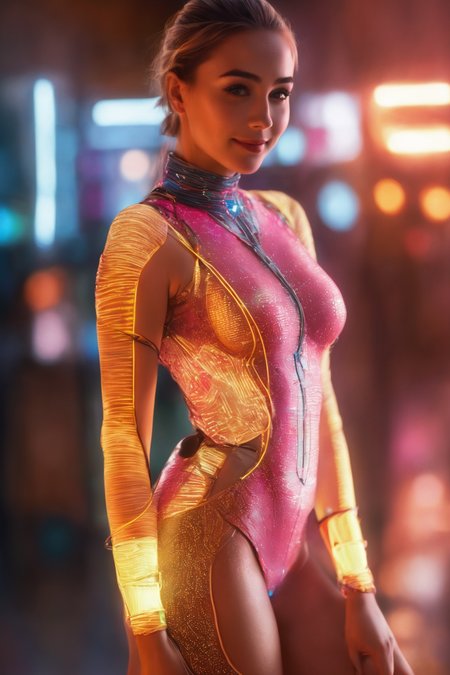 ((Masterpiece, best quality)),photography, detailed skin, realistic, photo-realistic, 8k, highly detailed, full length frame, High detail RAW color art, diffused soft lighting, shallow depth of field, sharp focus, hyperrealism, cinematic lighting,smiling,
 a woman in a skin tight bodysuit,wearing edgFut_clothing,((electrical circuits, neons,skin))
 <lora:edgFuturisticXL:0.9>