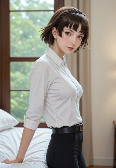 safe_pos, score_9, score_8_up, score_7_up, rating_safe, stunning background, standing, mischievous expression, blush, naughty face, warm light, bedroom, (sideview, from side:1.2), head tilt, bending over the bed, dramatic scenery, intricate details, fullbody, (blurry background, depth of field, bokeh:1.1),  (casual, slim, posing, flirty, sporty, large breasts, cute:1.3), eye_focus, close-up, solo, looking_at_viewer, gr33n, p5makoto, niijima makoto, brown hair, blunt bangs, crown braid, red eyes, p5makoto-sumcas, shirtdress, long shirt, white shirt, black pants, capri pants, black belt, thin belt, loose belt, casual, leggings, ass