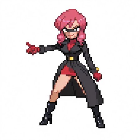 1girl, 
solo, full body, standing, 
poacherpatty, 
pattyoutfit, 
pink hair, grey eyes, 
breasts, black face mask, red gloves, boots, high heels, 
black trench coat, red turtleneck dress, 
pointing, 
smirk
