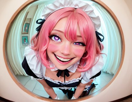 Psychedelic style . 1girl, CivChan, Gothic Romance Comic Style, artist:Nicola Scott, safe, sfw, purple eyes, pink hair, monitoring, (one eye focus):1.2, (psychedelic):1.2, heart-shaped pupils, smile, colors, fisheye, (pov peephole), eyeball, crazy_smile, nose blush, maid apron, maid, maid headdress, thighhighs, wrist cuffs, 1girl, high heels, from side, looking at viewer, 
masterpiece, best quality, amazing quality, very aesthetic, absurdres, newest, scenery, highres, high detail, realistic, photorealistic, volumetric lighting, 
, , , , , , <lora:CivChan:1>,<lora:Monitoring:1>,<lora:hand 5.5:1>,<lora:Dynamic Poses:1>,<lora:illustrious_noobai_epsilon_pred_11_very_aesthetic_v1:0.35>,<lora:maidXLP:1> . Vibrant colors, swirling patterns, abstract forms, surreal, trippy