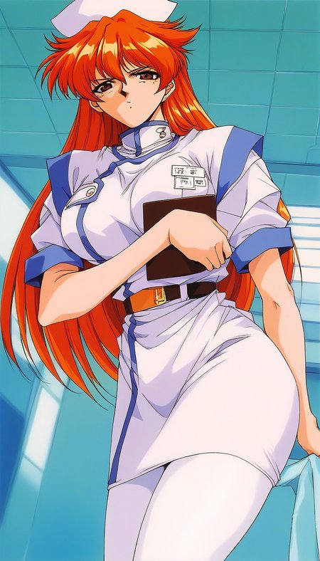 score_9, score_8_up, score_7_up, source_anime, rating_explicit, BREAK <lora:Nogiwa_Miho_OVA_XL:1>Nogiwa_Miho_OVA, long hair, orange hair, bangs, brown eyes, large breasts, 1990s (style)
1girl, solo, nurse, hat, pantyhose, clipboard, nurse cap, serious,
holding, looking at viewer, white pantyhose, belt, short sleeves,