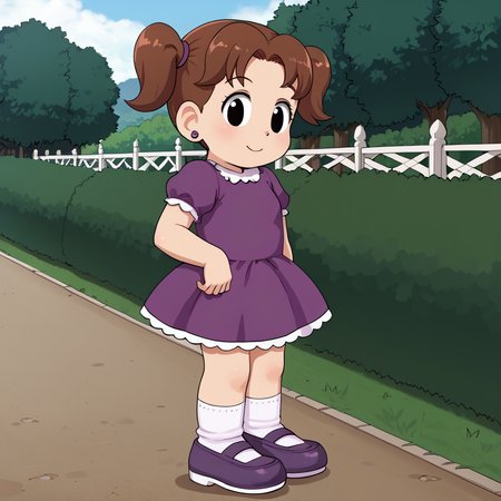 outdoors,  <lora:DeniseV2:1> denisetdm, 1girl, solo, black eyes, reddish-brown hair, twintails, short twintails, jewelry, earrings, dress, purple dress, short sleeves, whit socks, shoes, purple footwear
