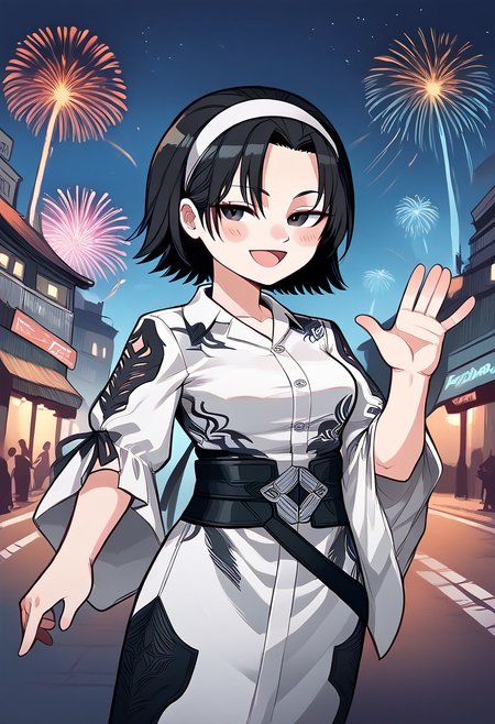 score_9, score_8_up, score_7_up, score_9, score_8_up, score_7_up,Masterpiece,HD,(((HD quality))), (((ultra quality))), hyper ultra detailed, hyper ultra quality, chibi,
street background,technology street,futuristic background,fireworks,
1girl, smile, open mouth, blushing cheeks,eyes open
waving hand, waving hand,
BREAK
jun kazama, jun kazama \(tekken\), belt,  
short hair, black hair, 
hairband, white kimono,