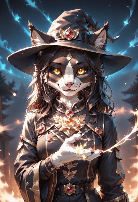 score_9, score_8_up, score_7_up, zPDXL3, fluffy, handfixer, charm_person_(magic), cham_aura, aura on hand , glowing eyes, masterpiece, best quality, ultra-detailed, 8K UHD, cinematic lighting, hyperrealistic shading, volumetric light, high contrast, HDR, depth of field, intricate textures, finely detailed fur
BREAK  
Ember (ESO), Feline, Furry, Anthro, black and white fur, yellow glowing eyes, (black sclera:1.3), black silky hair, cute face, wearing a stylish witch's hat with gold trim and a gemstone brooch,  
BREAK  
(masterpiece:1.4), (best quality:1.4), (ultra-detailed face and fur:1.5), (Unreal Engine 5 rendering style:1.3), (realistic lighting and shading:1.3), (cinematic focus:1.2), (4k resolution), (depth of field), (glowing edge light:1.2), (clean lineart), (illustration quality)