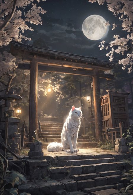 White fantasy Nekomata glowing with mysterious light under the midnight moonlight, Japanese shrine, Japanese mythology, novel comic graphic style, 2D, 8K, hyperrealism, masterpiece,