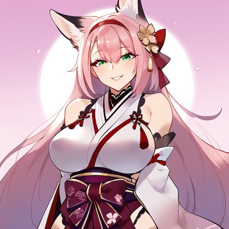 1girl, solo, abstract background, portrait, masterpiece, amazing quality, best quality, very aesthetic, absurdres, zPDXL3, by marushin, BREAK, hanazuki \(azur lane\), japanese clothes, (mature female:1.2), tall female, large breasts, curvy, beautiful face, highly detailed faces and eyes, smile,