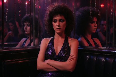 cinematic still, Gina Montana, framed in the mirror-split VIP booth of the Babylon Inferno, her voluminous 1980s brown curls lit in fractured violet light, wearing a black sequin halter dress that shimmers like broken glass, seated upright with arms folded, her face duplicated across each mirror pane showing subtly different expressions—sorrow, judgment, indifference, medium shot, eye-level angle, background of club patrons frozen mid-toast behind a curtain of hanging rosaries, mood of quiet defiance and timeless watchfulness, ambient red backlighting with flickering strobe accents, color theme of scorched plum, chrome silver, and ash-glow pink, style inspired by The Others and Twin Peaks: Fire Walk with Me
