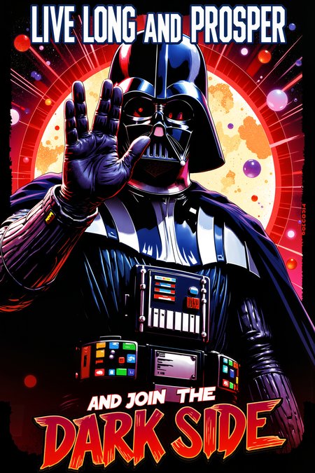 a poster of darth vader is giving vulcan salute. At the top in gentle font there is text "LIVE LONG AND PROSPER". On the bottom in aggresive font there is text "AND JOIN THE DARK SIDE" Fantastic lighting. Detailed shadows.intricate details, vivid colors, hyper-detailed, ultra-sharp<lora:RetroAnimeFluxV1:0.6><lora:Flux DetailerV2><lora:Greg_Capullo_style:0.4><lora:Vintage comic book:0.3><lora:VULCANSALUTE_FLUX>