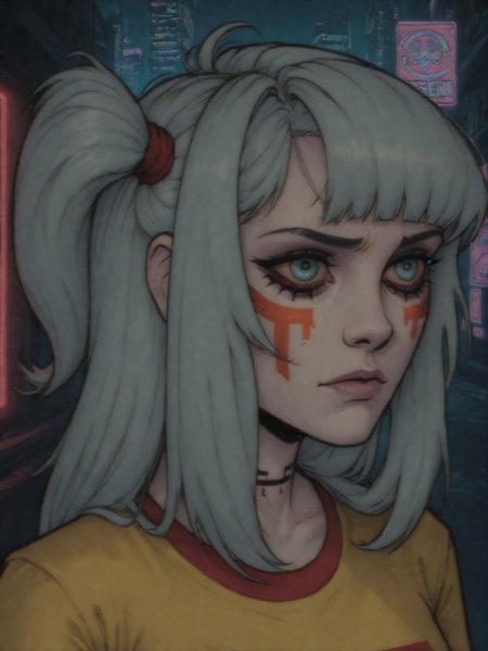 mythic_cyberpunk_style,YaroslavKorneplod, 1girl, solo, blue nectie, one side up, breen hair, red t-shirt, yellow shirt, facepaint,city,in the night,portrait,<lora:Conway:0.8>,<lora:Mythic Cyberpunk style:1.0>