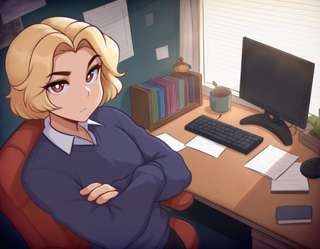 masterpiece, very awa, best quality, newest, absurdres, highres, animification,
detailed background, bedroom, window, desk, computer,
1boy, solo, toned male,
blonde hair, mullet, flat chest, short hair, parted bangs, red eyes, white pupils, medium eyebrows, 
standing, dark blue sweater, white collared shirt, looking at viewer, portrait, three quarter view, expressionless, medium eyebrows, crossed arms, 
<lora:bigusmixv6:1>
