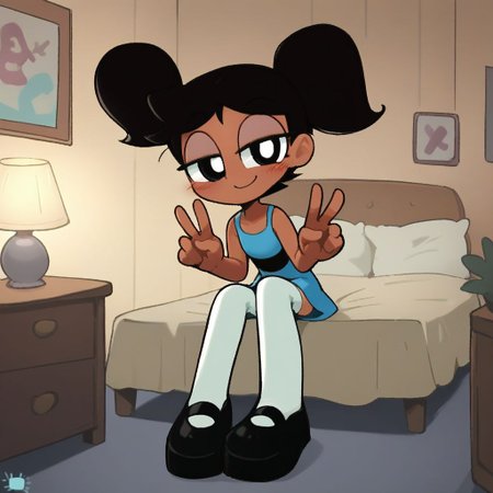 score_9, score_8_up, score_7_up, score_6_up, score_5_up, score_4_up, BREAK, source_anime, connie_maheswaran, indoors, short twintails, black hair, small breasts, black footwear, white thighhighs, smile, smug, blush, blue top, sleeveless, blue miniskirt, peace sign, pantsless, powerpuff, dark-skinned female, 1girl, sitting, indoors, living room, on bed,