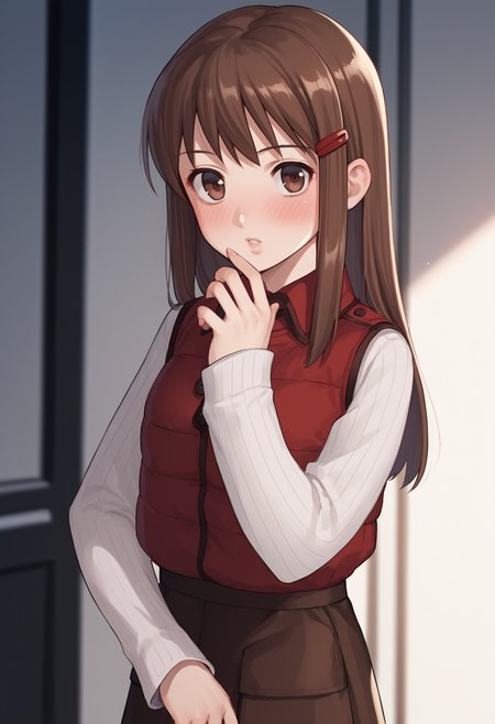 score_8_up, score_7_up, source_anime BREAK 1girl, solo,  <lora:hitomitono-sh-richy-v1_pdxl:1>tonohitomi, brown eyes, brown hair, long hair, hairclip, red vest, long sleeves, white sweater, ribbed sweater, brown skirt, pantyhose, looking at viewer, parted lips, blush, indoors