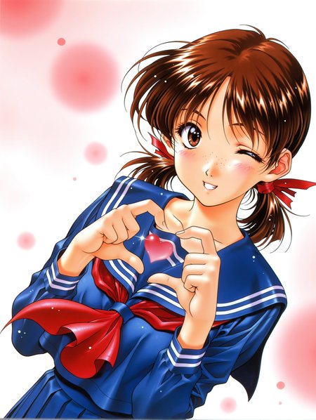 masterpiece,best quality,newest,
1girl,solo,
1990s \(style\),retro artstyle,<lora:adachi_taeko_ilxl_v1.0:1>,a_taeko,brown hair,brown eyes,freckles,hair bow,low twintails,
t_clothes,blue serafuku,long_sleeves,blue pleated skirt,<lora:Fixhands_anime_bdsqlsz_V1:1>,cinematic_angle,dynamic_angle,white_background,simple_background,face_focus,looking_at_viewer,light_blush,sparkle,one eye closed,heart hands,arched_back,grin,upper_body,from_above,dutch angle,panorama,