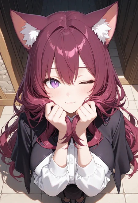lazypos, deep burgundy hair, purple eyes, overhead view, 1girl, catgirl, playing with hair, wink