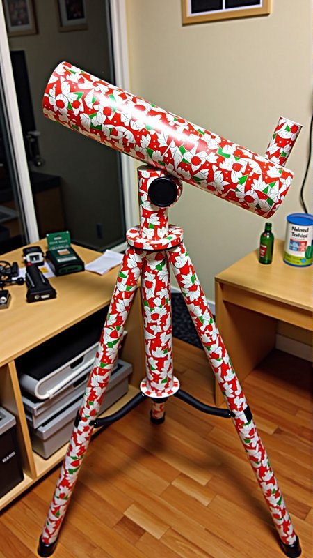A photo of a ChristmasWrapped Telescope. It is entirely wrapped up in christmas wrapping paper.
<lora:ChristmasWrappedFlux:0.6>