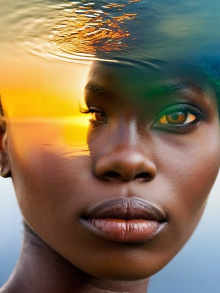 free flowing, high definition, color theory, stunning, sharp focus, close up of head, portrait of a african girl,  double exposure style, lake , amora-style <lora:antonio-mora-style:1>