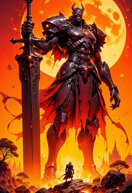 highest details, ultra hyper realism. highly detailed and realistic. intricate and highly professional artwork, an absolute masterpiece. extremely dynamic cinematic action shot with motion blur.
This expressive painting, depicts a towering, armored figure with glowing red eyes and a grotesque, skeletal face, wielding a massive, ornate sword. The figure stands amidst a fiery, volcanic landscape under a large, ominous foreign planet or moon. In the foreground, a small human figure stands silhouetted against the fiery background, crouched in agony and fear. The scene is richly detailed with a warm color palette dominated by oranges and reds. The composition uses dramatic lighting and a high level of detail, creating a sense of epic fantasy. The aesthetic quality is very high, with intricate textures and a dynamic, intense atmosphere.
<lora:monster_flux:0.35> <lora:niji_flux:0.5> niji_flux  <lora:RetroAnimeFluxV1:0.6> <lora:FluxMythG0thicL1nes:0.5> G0thicL1nes <lora:articolorpaint_v01_epoch_13:0.7>