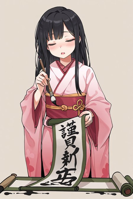masterpiece, best quality, amazing quality,
 <lora:Lango_IL:1> lango, paintbrush, long hair, solo, closed eyes, black hair, japanese clothes, 1girl, open mouth, kimono, calligraphy brush, simple background, holding paintbrush, blush, wide sleeves, long sleeves, scroll, ink