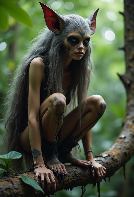 woman, otherworldly beauty, exotic, alien, occult, fantastic, squatting on tree branch, feral,