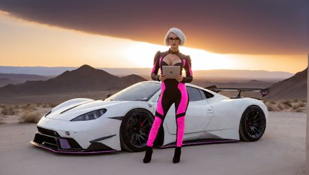 Melva_Machina, (masterpiece photo of 1girl standing in front of vehicle:1.3) ,full body wide angle cinematic shot [standing on path leading to alien city under glass dome], surreal purple sky,(standing woman holding tablet device:1.3), (vehicle focus:1.3),alien planet, surreal desert terrain, arm extended holding tablet, standing next to widebody++ cyberpunk++ prerunner rally offroad car style of (Giorgetto Giugiaro:1.2), (style of Gordon Murray:1.4), (style of Horacio Pagani:1.1),dark stormy clouds paintjob wrap, [alien sky], (magenta and black cloudy skies storms intricate details depth shadows), [ringed planet in distance], dust trails, dust devil <lora:Drone_Cars_XL:0.9>, (pale, 24 years old, cleavage, skinny waist, young european woman, futuristic fashionista:1.5), utility belt, map, (backlit sliced bob medium center part white hair:1.3),form-fitting high tech racesuit with neon magenta accents that highlight her silhouette,(dragon scale leggings:1.1), volumetric lighting