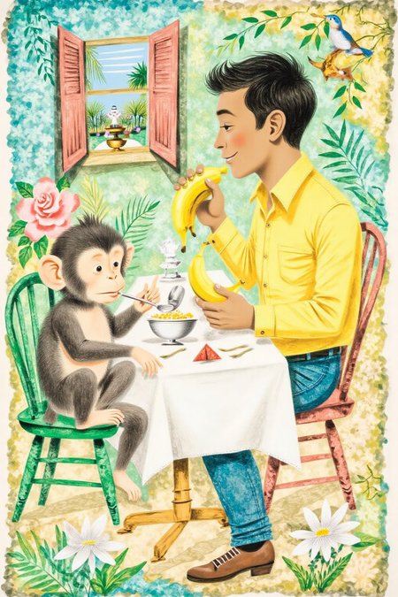 leowe1 harey1 illustration. Side view of a man and a small monkey seated at a dinning table. The man, with short black hair and a kind expression, is dressed in a bright yellow shirt with a button-up collar. He is seated on the right side of the table, He is holding a yellow banana. The small monke on the left is sitting on a green chair, eating from a small bowl using a spoon. <lora:gwonder1_cap_d6a3e15:1.0><lora:826572731345791717:0>