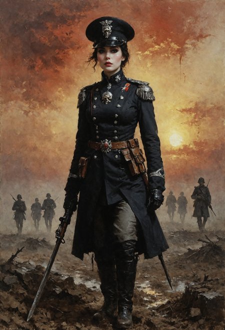 An digital illustration (portrait:1.5) drawing (warhammer 40k) warfare masterpiece with intricate details and the best quality art by, (Dorian Cleavenger) (Hans Larwin) and (luis royo) a young attractive single person (1girl) alone (officer) prussian hussar (woman) with black hair (rosy red cheeks), noble face, full lips, pale skin, piercing gaze, black eyeliner, small delicate nose, flushed blush, in the traditional short uniform decorated with skull emblem, in trench, marching (alone:1.2) on a vast world war (year 1914) battlfield, late sunset, red-orange sky, broken ammo crates,  muddy ground, crater,  <lora:add_detail:0.8>   <lora:LaxpeintXL-2.0:0.4> <lora:Desolation:0.5>   <lora:Death-Korps:0.5>  <lora:Concept Art Twilight Style SDXL_LoRA_Pony Diffusion V6 XL:1>